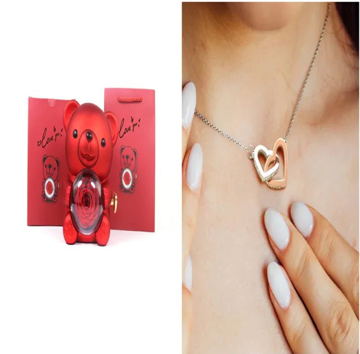 Eternal Rose Teddy Bear Gift Box with Necklace - ThriveAuraOutlet