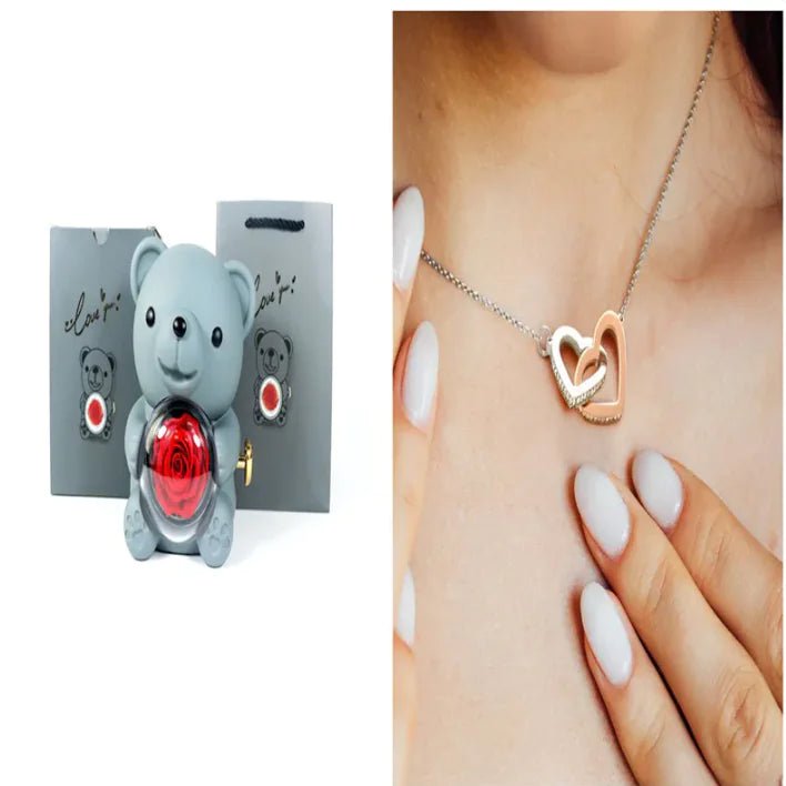 Eternal Rose Teddy Bear Gift Box with Necklace - ThriveAuraOutlet
