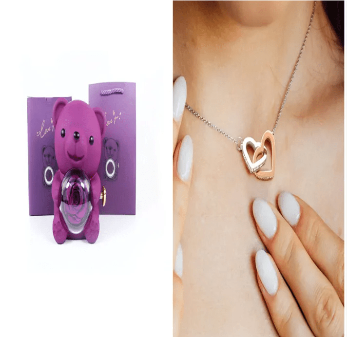 Eternal Rose Teddy Bear Gift Box with Necklace - ThriveAuraOutlet