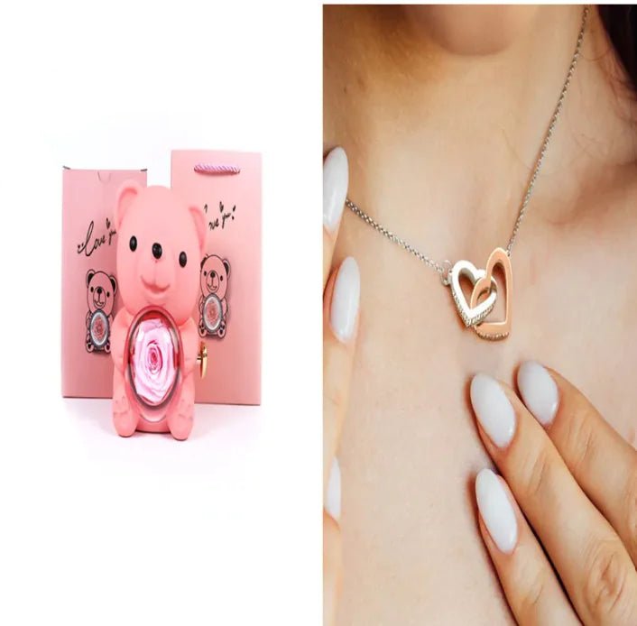 Eternal Rose Teddy Bear Gift Box with Necklace - ThriveAuraOutlet