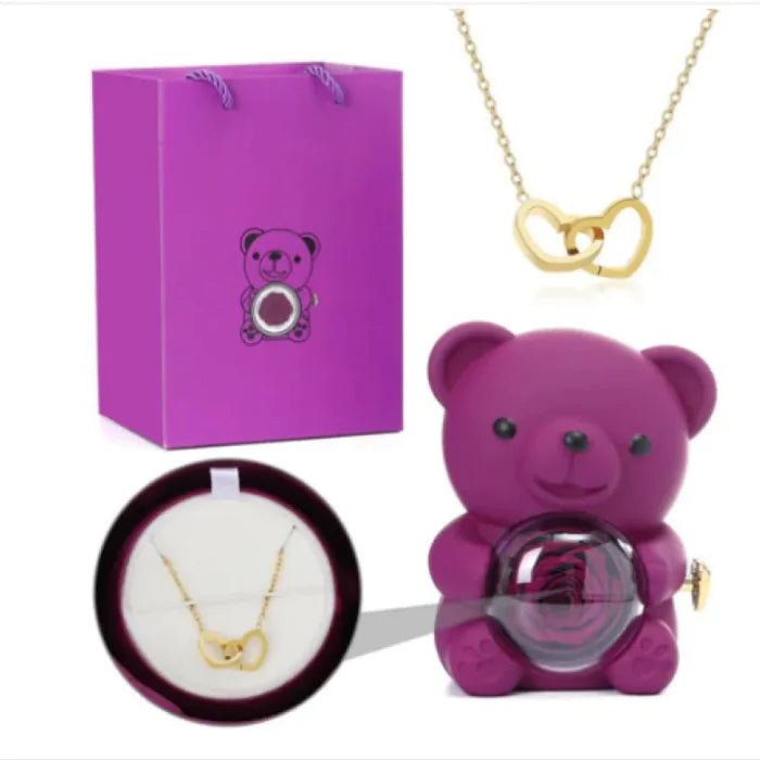 Eternal Rose Teddy Bear Gift Box with Necklace - ThriveAuraOutlet